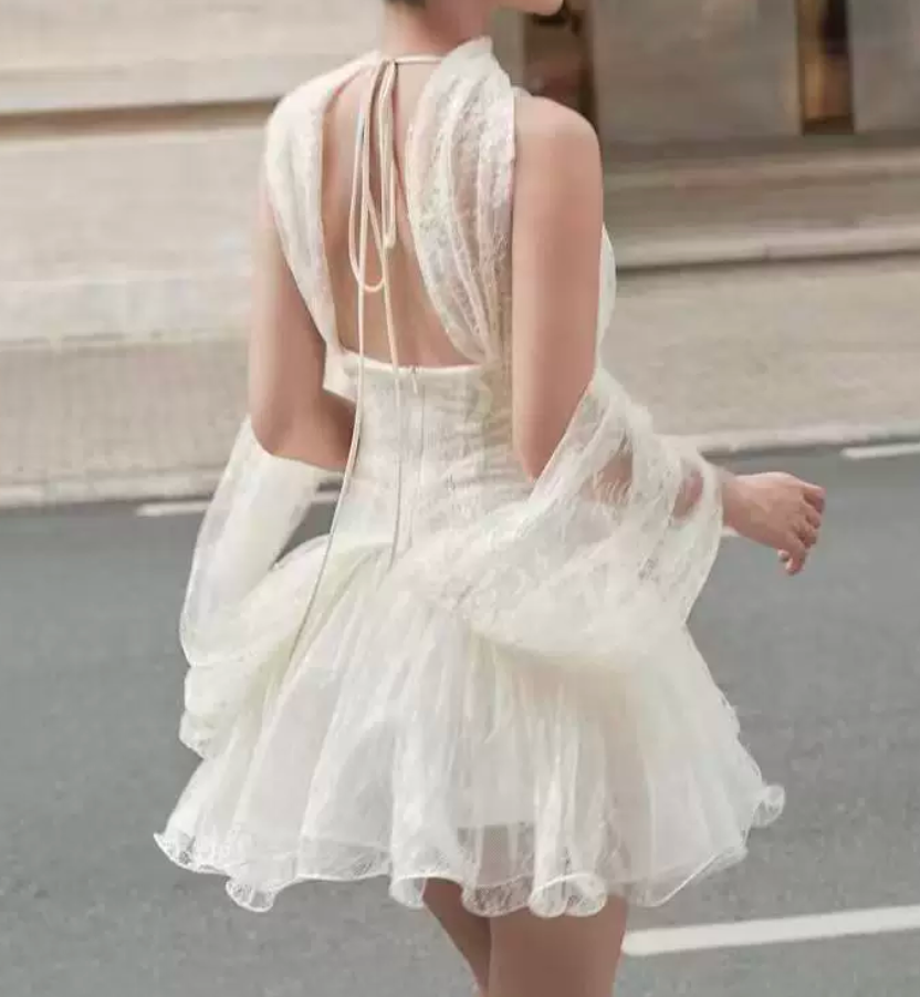 Mini robe de soirée en satin, sans bretelles, sans manches, ligne a, simple, C899