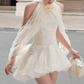 Mini robe de soirée en satin, sans bretelles, sans manches, ligne a, simple, C899