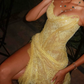 Glam Strapless Yellow Prom Dress Lace Sequins Mermaid Evening Dress C9348
