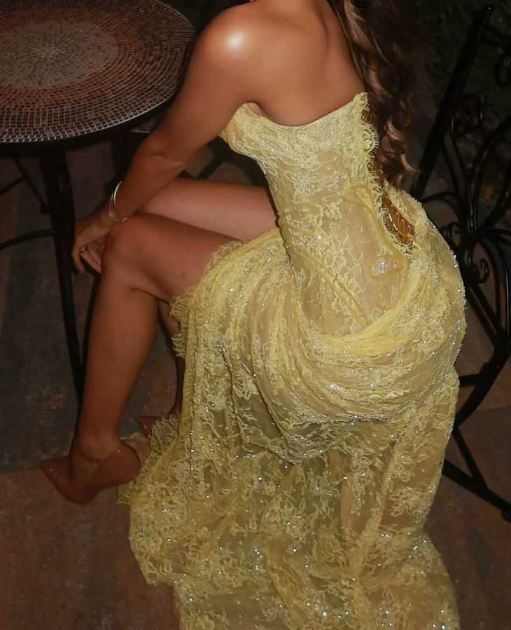 Glam Strapless Yellow Prom Dress Lace Sequins Mermaid Evening Dress C9348