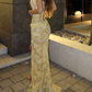 Glam Strapless Yellow Prom Dress Lace Sequins Mermaid Evening Dress C9348