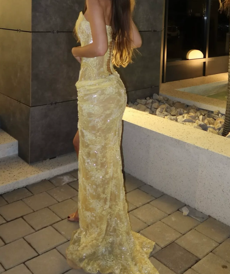 Glam Strapless Yellow Prom Dress Lace Sequins Mermaid Evening Dress C9348