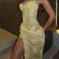 Glam Strapless Yellow Prom Dress Lace Sequins Mermaid Evening Dress C9348