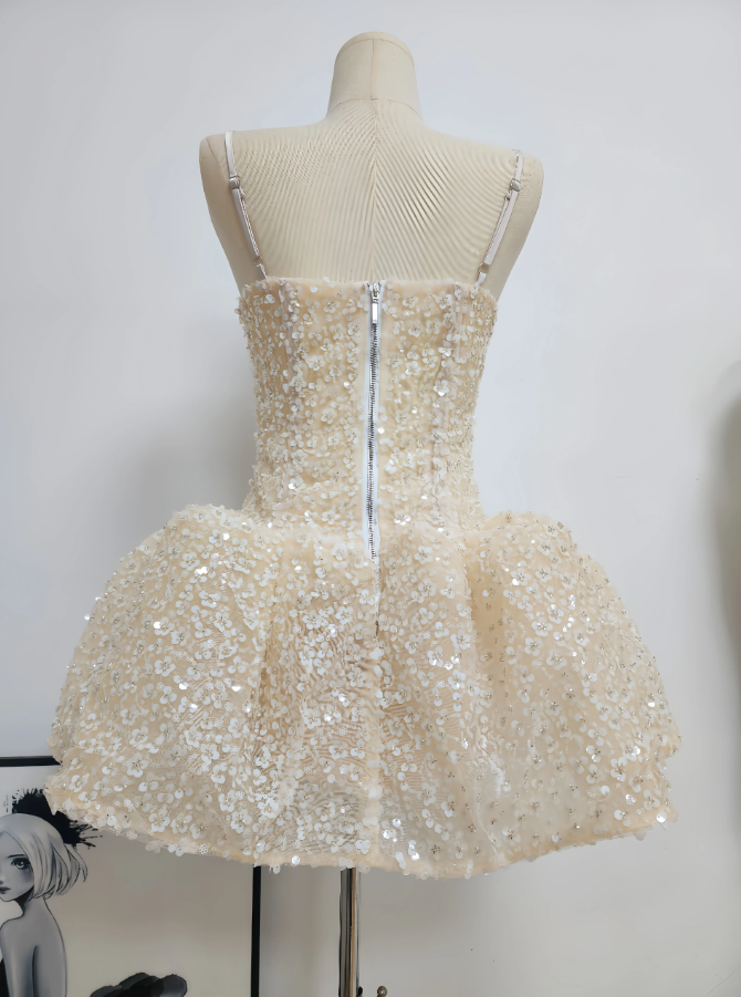 Glittering Spaghetti Straps Beige Homecoming Dress Sequins A-Line Party Dress C9351