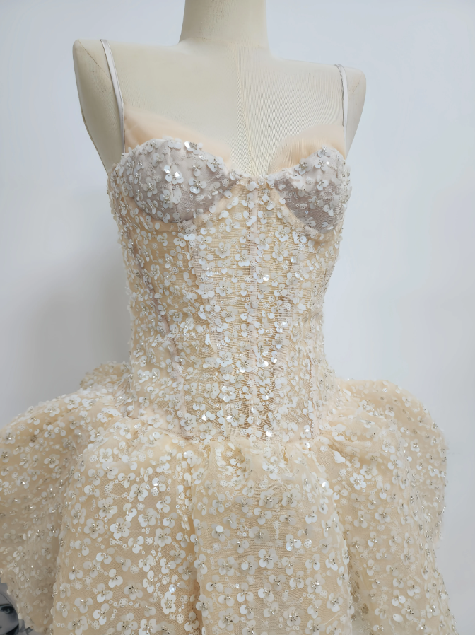 Glittering Spaghetti Straps Beige Homecoming Dress Sequins A-Line Party Dress C9351