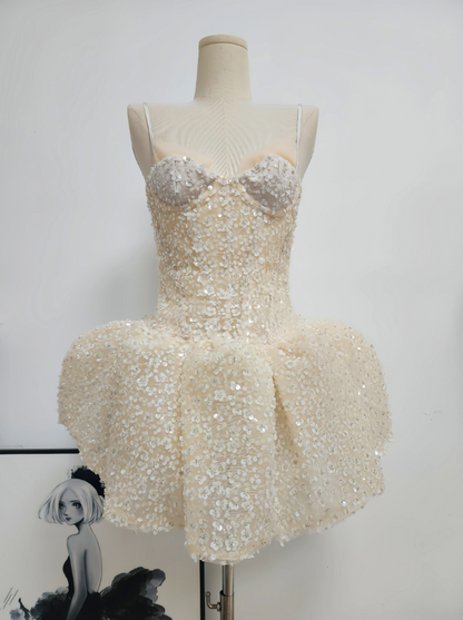 Glittering Spaghetti Straps Beige Homecoming Dress Sequins A-Line Party Dress C9351