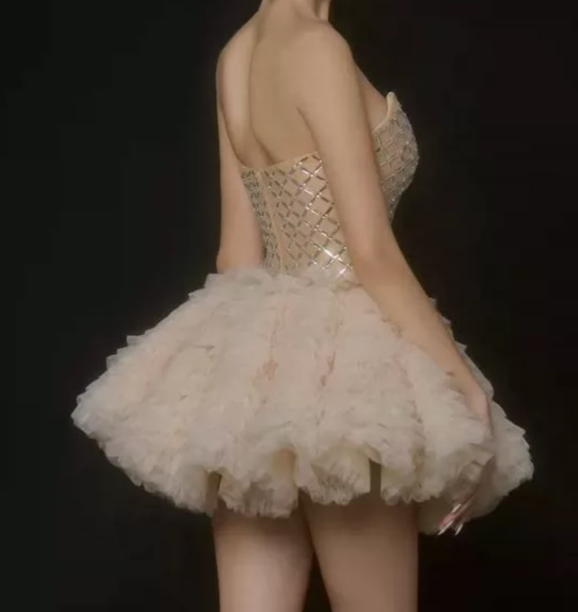 Ornate Strapless Beige Homecoming Dress Sequins Tulle A-Line Party Dress C9352