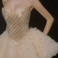 Ornate Strapless Beige Homecoming Dress Sequins Tulle A-Line Party Dress C9352