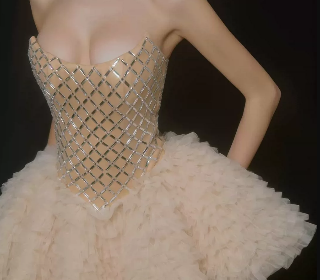 Ornate Strapless Beige Homecoming Dress Sequins Tulle A-Line Party Dress C9352