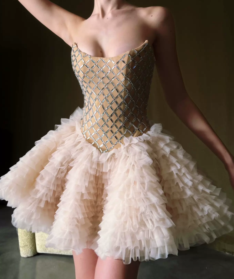 Ornate Strapless Beige Homecoming Dress Sequins Tulle A-Line Party Dress C9352