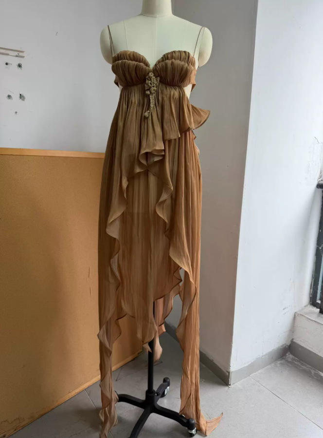 Flowy Spaghetti Straps Brown Homecoming Dress Ruffles Backless A-Line Party Dress C9353