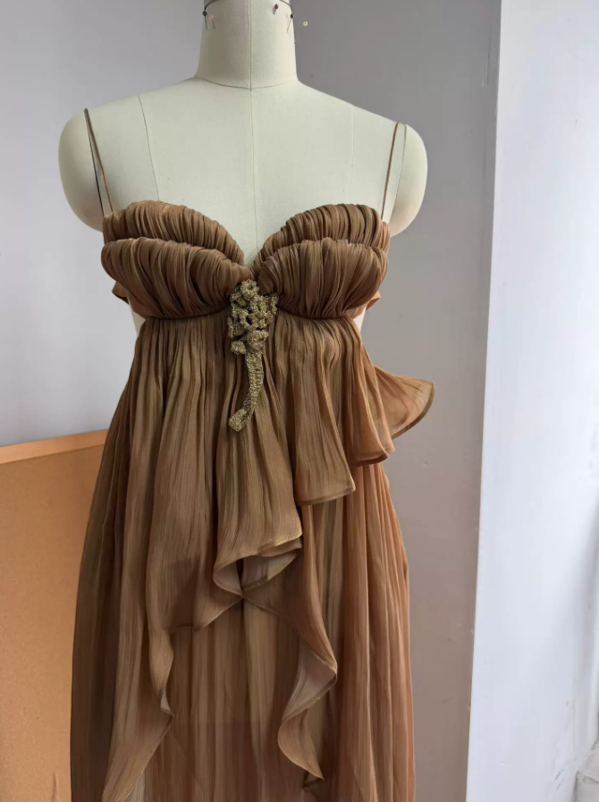 Flowy Spaghetti Straps Brown Homecoming Dress Ruffles Backless A-Line Party Dress C9353
