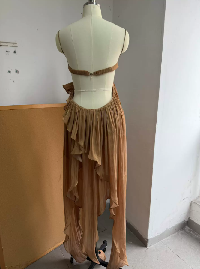 Flowy Spaghetti Straps Brown Homecoming Dress Ruffles Backless A-Line Party Dress C9353
