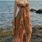 Flowy Spaghetti Straps Brown Homecoming Dress Ruffles Backless A-Line Party Dress C9353