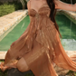 Flowy Spaghetti Straps Brown Homecoming Dress Ruffles Backless A-Line Party Dress C9353