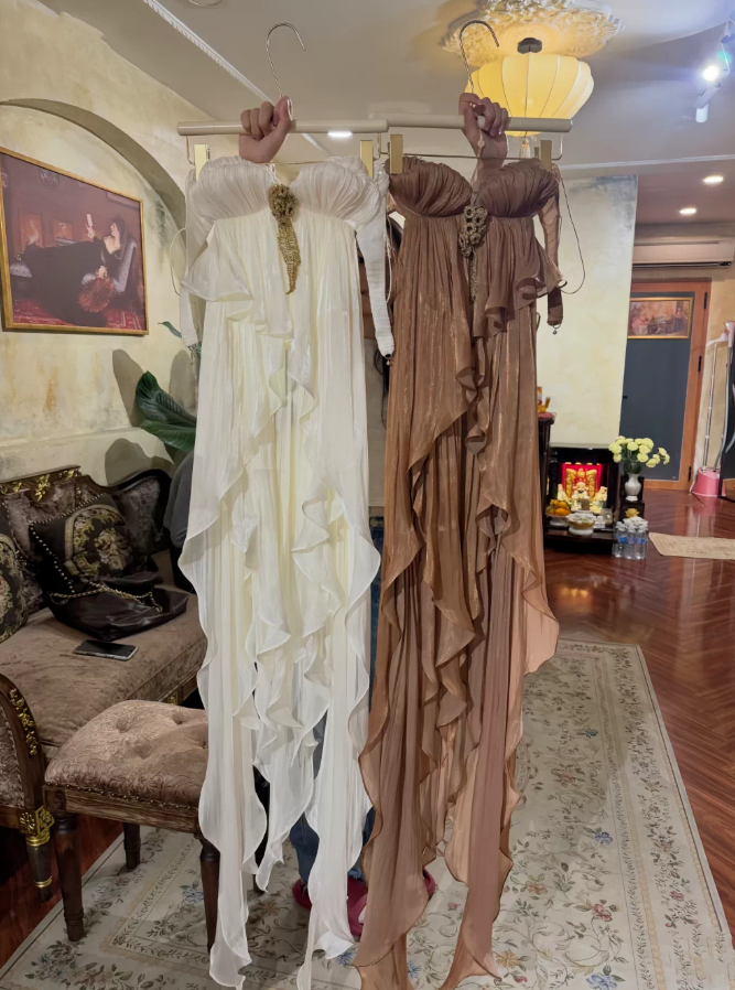 Flowy Spaghetti Straps Brown Homecoming Dress Ruffles Backless A-Line Party Dress C9353