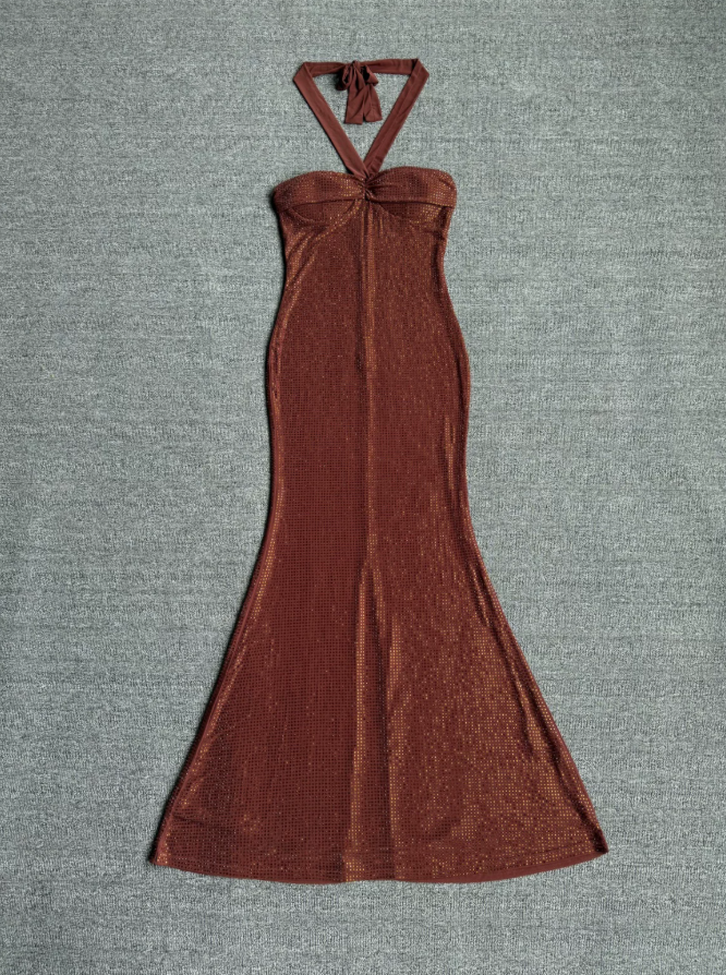Shiny Halter Neck Brown Prom Dress Sequins Mermaid Evening Dress C9355