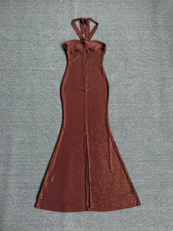 Shiny Halter Neck Brown Prom Dress Sequins Mermaid Evening Dress C9355