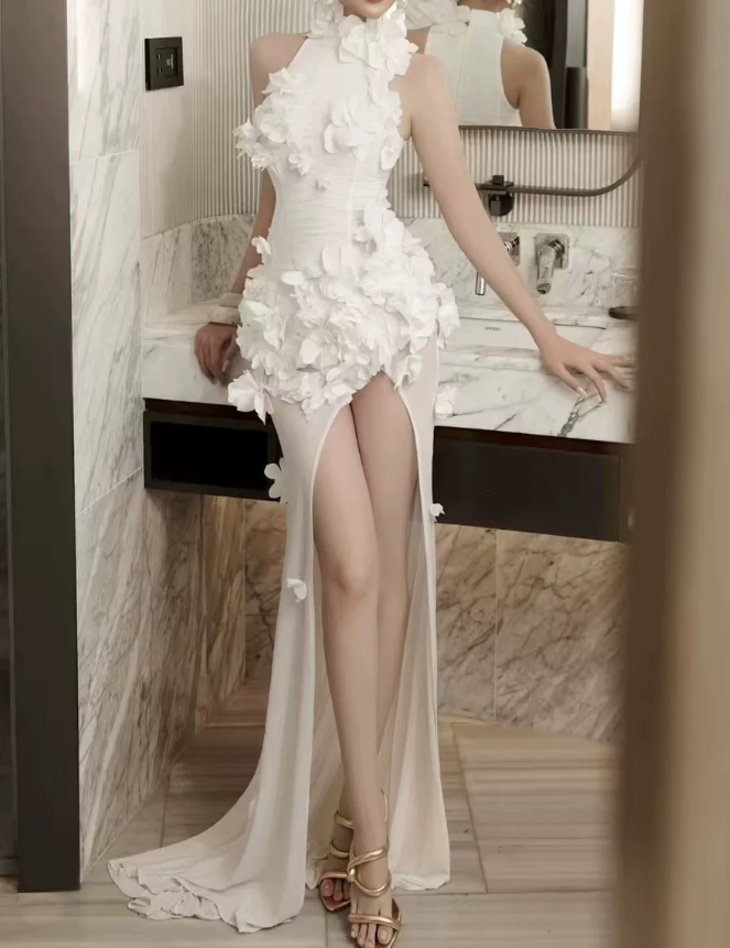 Robe de bal de princesse bustier à volants en satin long, robe de soirée C8117