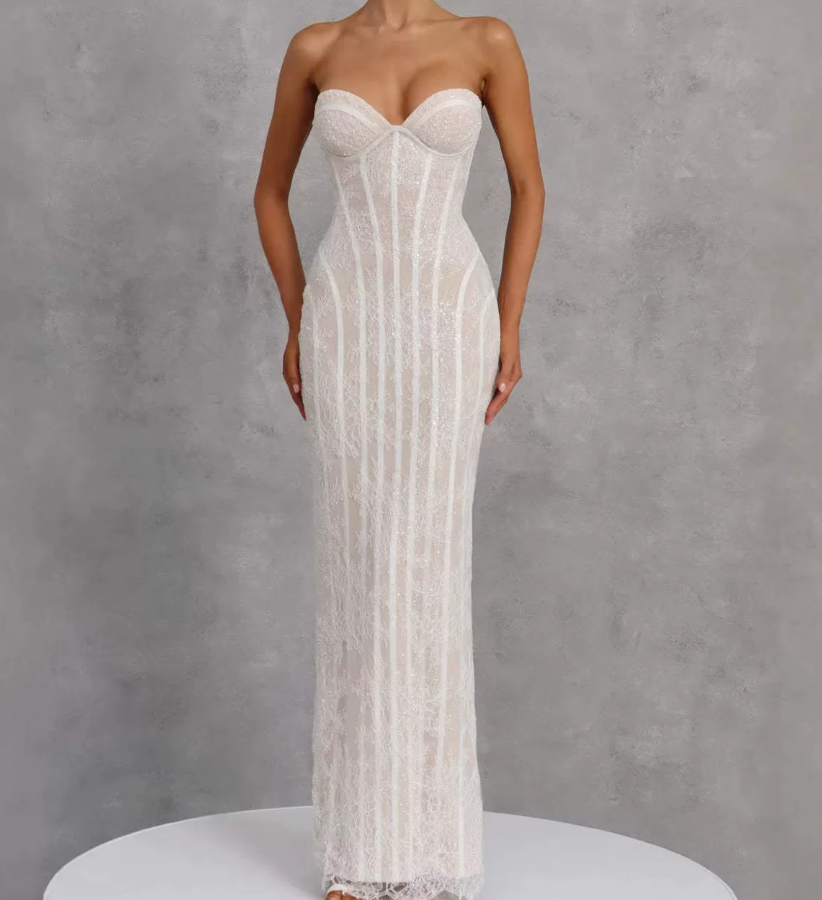 Elegant Strapless Prom Dress Lace Mermaid Evening Dress C9358