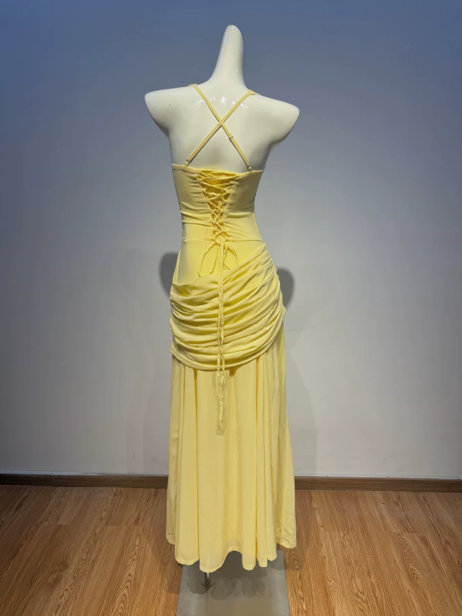 Flowy Spaghetti Strap Prom Dress Draped A-Line Evening Dress C9369