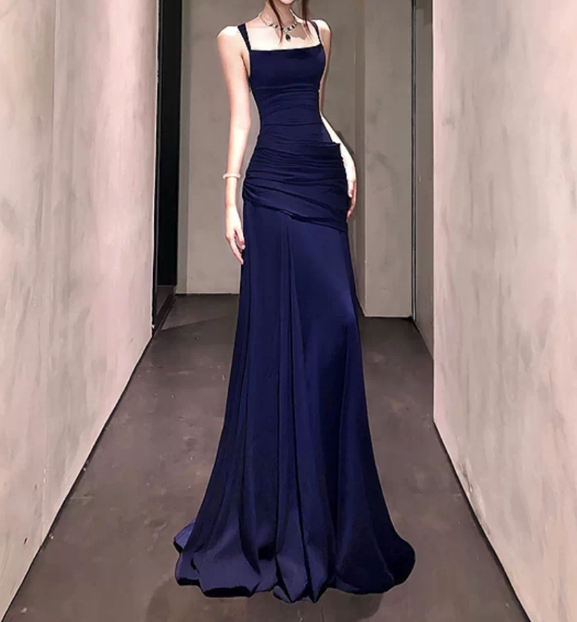 Flowy Spaghetti Strap Prom Dress Draped A-Line Evening Dress C9369