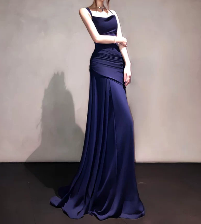 Flowy Spaghetti Strap Prom Dress Draped A-Line Evening Dress C9369