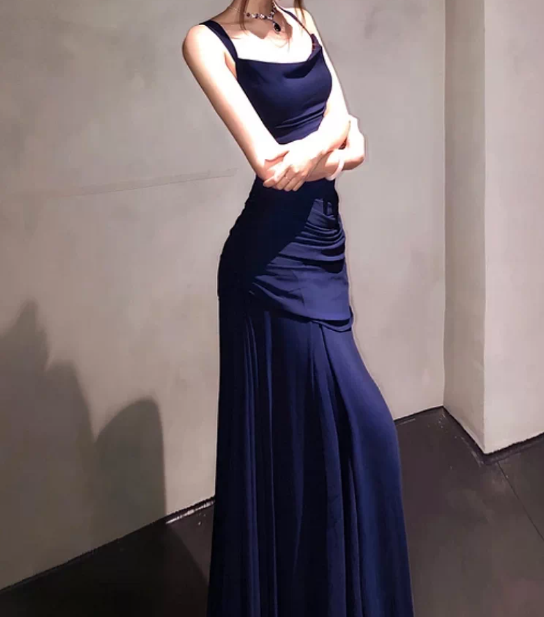 Flowy Spaghetti Strap Prom Dress Draped A-Line Evening Dress C9369