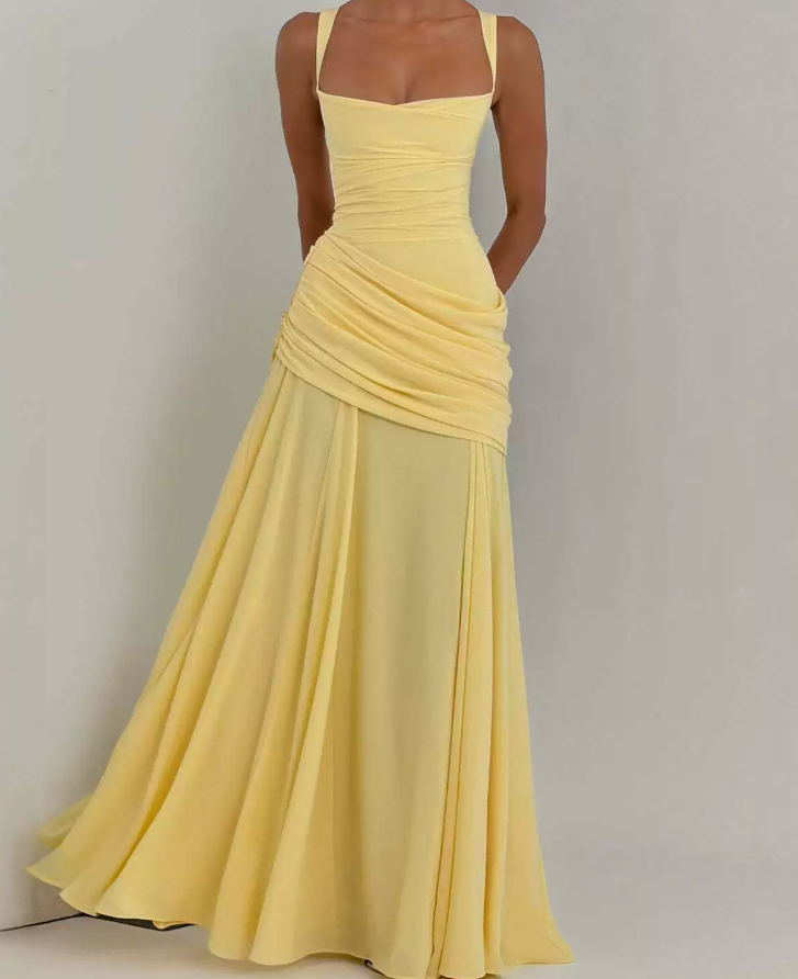 Flowy Spaghetti Strap Prom Dress Draped A-Line Evening Dress C9369