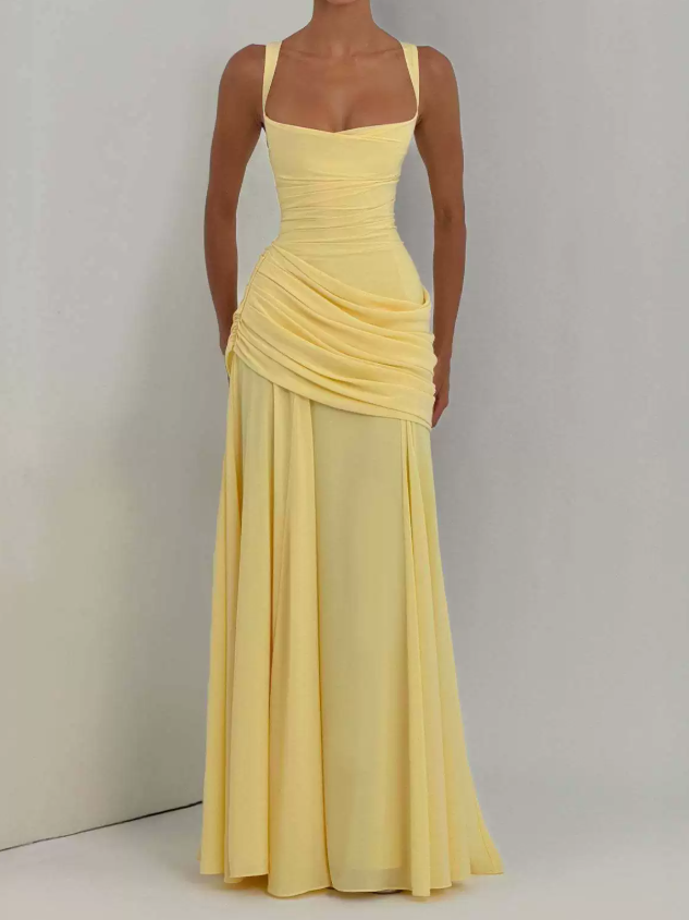 Flowy Spaghetti Strap Prom Dress Draped A-Line Evening Dress C9369