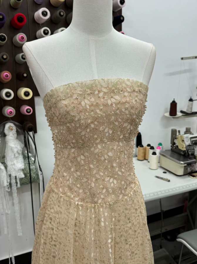 Sleek Strapless Beige Prom Dress Sequins A-Line Evening Dress C9370