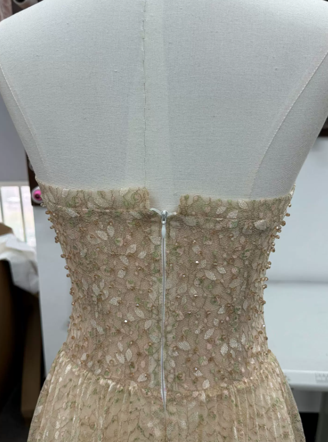 Sleek Strapless Beige Prom Dress Sequins A-Line Evening Dress C9370