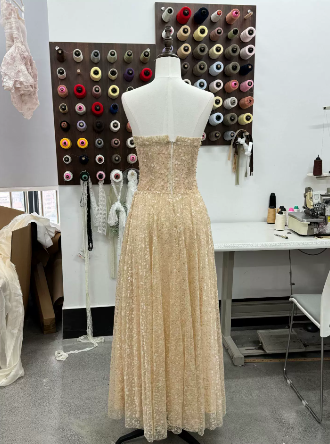 Sleek Strapless Beige Prom Dress Sequins A-Line Evening Dress C9370