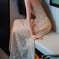 Sleek Strapless Beige Prom Dress Sequins A-Line Evening Dress C9370