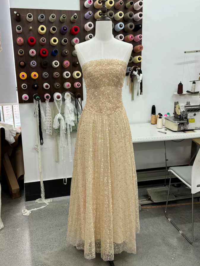 Sleek Strapless Beige Prom Dress Sequins A-Line Evening Dress C9370