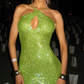 Glittering Halter Neck Green Prom Dress Sequins Cutout Mermaid Evening Dress C9373