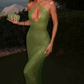 Glittering Halter Neck Green Prom Dress Sequins Cutout Mermaid Evening Dress C9373