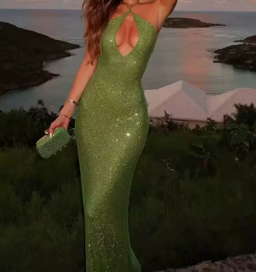 Glittering Halter Neck Green Prom Dress Sequins Cutout Mermaid Evening Dress C9373