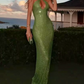 Glittering Halter Neck Green Prom Dress Sequins Cutout Mermaid Evening Dress C9373