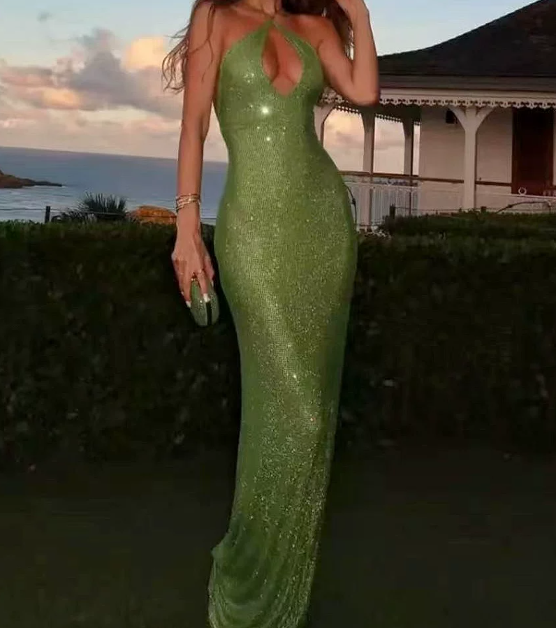 Glittering Halter Neck Green Prom Dress Sequins Cutout Mermaid Evening Dress C9373
