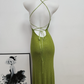 Glittering Halter Neck Green Prom Dress Sequins Cutout Mermaid Evening Dress C9373