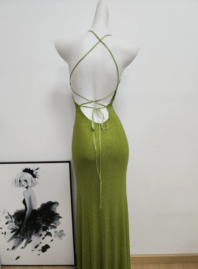 Glittering Halter Neck Green Prom Dress Sequins Cutout Mermaid Evening Dress C9373