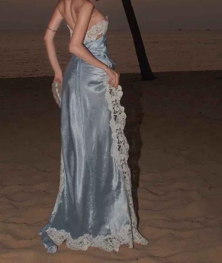 Dreamy Strapless Blue Homecoming Dress Lace Sheath Party Dress C9377