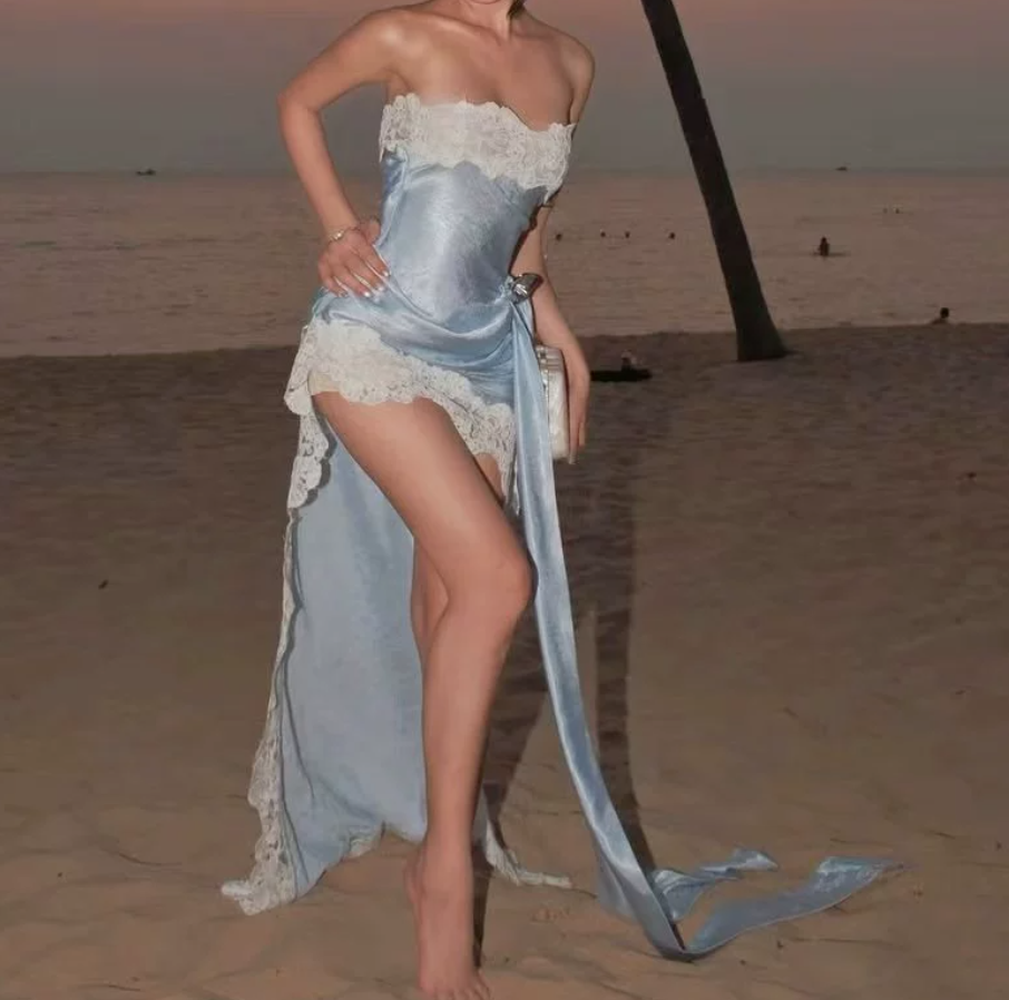 Dreamy Strapless Blue Homecoming Dress Lace Sheath Party Dress C9377