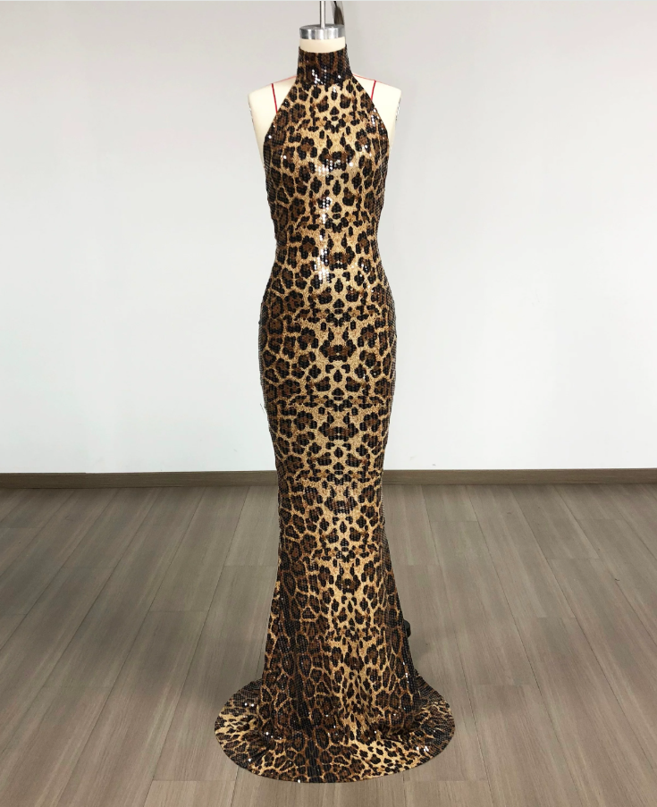 Sexy Halter Neck Prom Dress Sequins Leopard Mermaid Evening Dress C9379