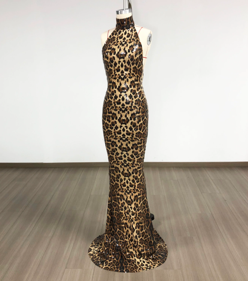 Sexy Halter Neck Prom Dress Sequins Leopard Mermaid Evening Dress C9379