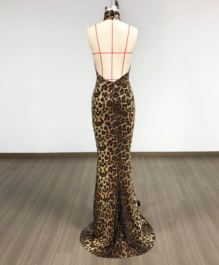 Sexy Halter Neck Prom Dress Sequins Leopard Mermaid Evening Dress C9379