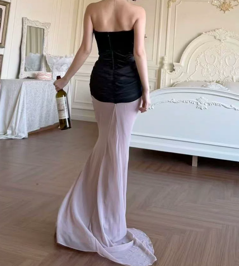 Playful Strapless Prom Dress Black & Pink Mermaid Evening Dress C9380