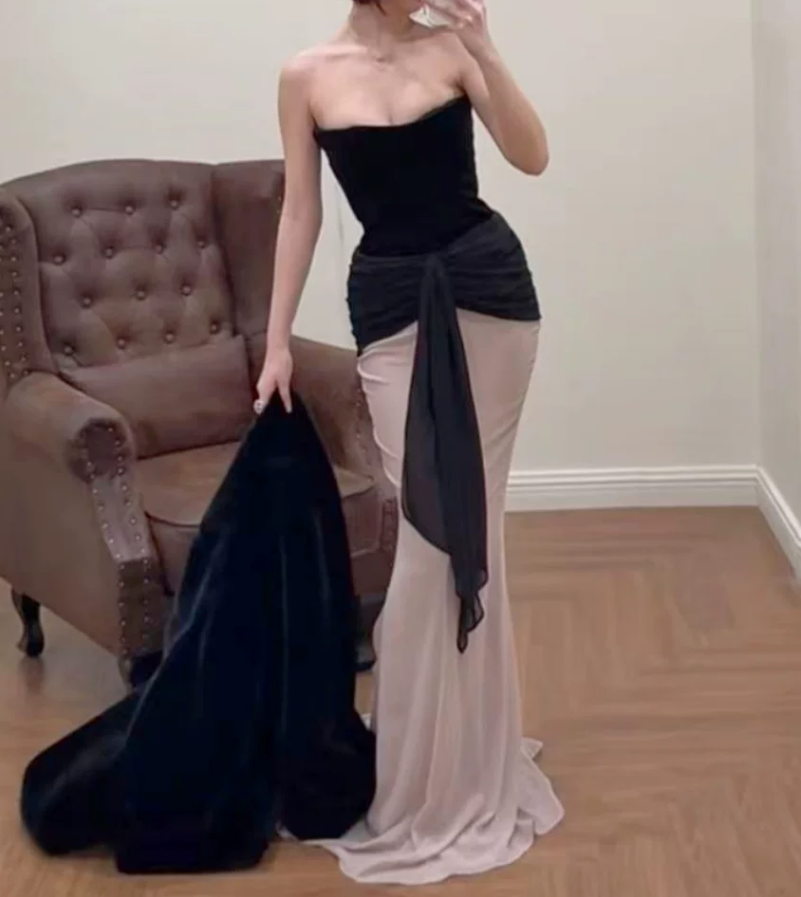 Playful Strapless Prom Dress Black & Pink Mermaid Evening Dress C9380