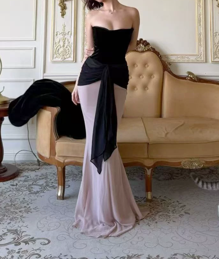 Playful Strapless Prom Dress Black & Pink Mermaid Evening Dress C9380